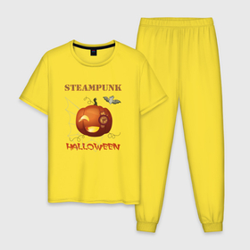 Мужская пижама хлопок с принтом Стимпанк хэллоуин 2 в Тюмени, 100% хлопок | брюки и футболка прямого кроя, без карманов, на брюках мягкая резинка на поясе и по низу штанин
 | летучая мышь | паутина | стимпанк | хэллоуин | часы | шестерёнки