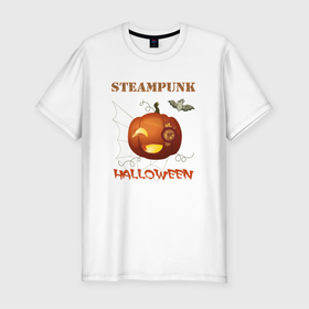 Мужская футболка хлопок Slim с принтом Стимпанк хэллоуин 2 в Тюмени, 92% хлопок, 8% лайкра | приталенный силуэт, круглый вырез ворота, длина до линии бедра, короткий рукав | летучая мышь | паутина | стимпанк | хэллоуин | часы | шестерёнки