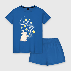 Женская пижама с шортиками хлопок с принтом Зайчик держит звезду в Курске, 100% хлопок | футболка прямого кроя, шорты свободные с широкой мягкой резинкой | bunny | stars | зайчик | заяц | звездочки | звезды | кролик | розовый