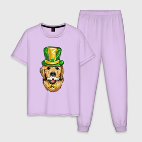 Мужская пижама хлопок с принтом Счастливый пёс в Екатеринбурге, 100% хлопок | брюки и футболка прямого кроя, без карманов, на брюках мягкая резинка на поясе и по низу штанин
 | иллюстрация | пёсик | праздник | счастливый | щенок
