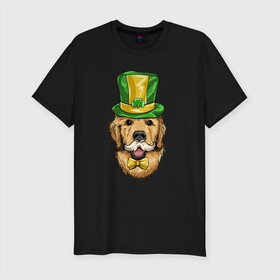Мужская футболка хлопок Slim с принтом Счастливый пёс в Екатеринбурге, 92% хлопок, 8% лайкра | приталенный силуэт, круглый вырез ворота, длина до линии бедра, короткий рукав | иллюстрация | пёсик | праздник | счастливый | щенок
