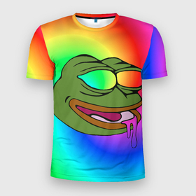 Мужская футболка 3D Slim с принтом Pepe rainbow в Белгороде, 100% полиэстер с улучшенными характеристиками | приталенный силуэт, круглая горловина, широкие плечи, сужается к линии бедра | 14+ | pepe | rainbow | веселый | водоворот | мем