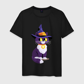 Мужская футболка хлопок с принтом Кот на Хэллоуин в Тюмени, 100% хлопок | прямой крой, круглый вырез горловины, длина до линии бедер, слегка спущенное плечо. | black cat | кот | котик | кошка | хэллоуин