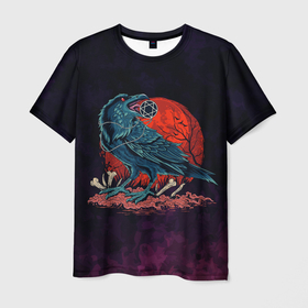 Мужская футболка 3D с принтом Ворон 666 , 100% полиэфир | прямой крой, круглый вырез горловины, длина до линии бедер | Тематика изображения на принте: арт | ворон | графика | кровавая луна | оккультизм | птицы