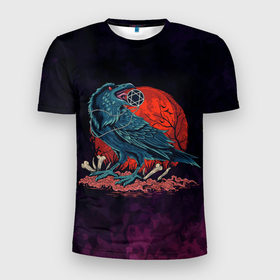 Мужская футболка 3D Slim с принтом Ворон 666 в Белгороде, 100% полиэстер с улучшенными характеристиками | приталенный силуэт, круглая горловина, широкие плечи, сужается к линии бедра | арт | ворон | графика | кровавая луна | оккультизм | птицы