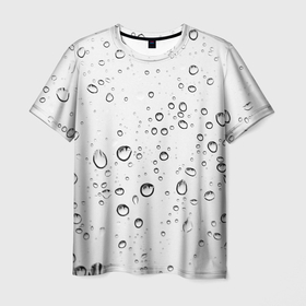 Мужская футболка 3D с принтом Утренний дождь в Белгороде, 100% полиэфир | прямой крой, круглый вырез горловины, длина до линии бедер | Тематика изображения на принте: без надписей | белый | вода | дождь | капли | светлый | стекло