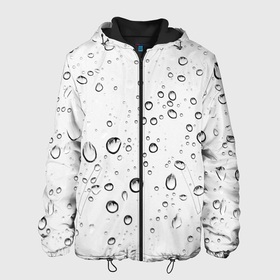 Мужская куртка 3D с принтом Утренний дождь в Новосибирске, ткань верха — 100% полиэстер, подклад — флис | прямой крой, подол и капюшон оформлены резинкой с фиксаторами, два кармана без застежек по бокам, один большой потайной карман на груди. Карман на груди застегивается на липучку | без надписей | белый | вода | дождь | капли | светлый | стекло