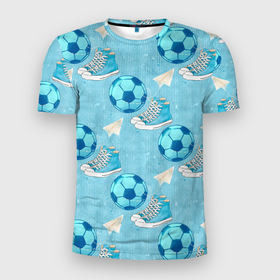 Мужская футболка 3D Slim с принтом Юный футболист в Тюмени, 100% полиэстер с улучшенными характеристиками | приталенный силуэт, круглая горловина, широкие плечи, сужается к линии бедра | Тематика изображения на принте: мальчик | мяч | футбол | футболист | футбольный мяч | школьник
