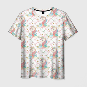 Мужская футболка 3D с принтом Единороги паттерном , 100% полиэфир | прямой крой, круглый вырез горловины, длина до линии бедер | единороги | лошадки | лошадь | паттерн | пони