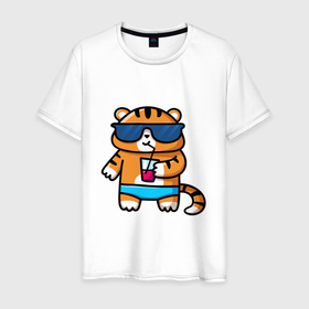 Мужская футболка хлопок с принтом Веселый тигренок , 100% хлопок | прямой крой, круглый вырез горловины, длина до линии бедер, слегка спущенное плечо. | 2022 | год тигра | новый год | новый год 2022 | символ года | тигр | тигренок | тигрица | тигры
