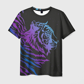 Мужская футболка 3D с принтом Tiger Neon в Екатеринбурге, 100% полиэфир | прямой крой, круглый вырез горловины, длина до линии бедер | tiger | неон | полосы | тигр | хищник