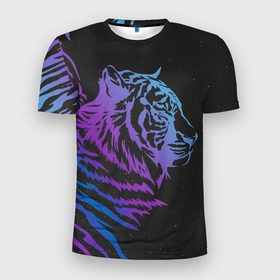 Мужская футболка 3D Slim с принтом Tiger Neon в Белгороде, 100% полиэстер с улучшенными характеристиками | приталенный силуэт, круглая горловина, широкие плечи, сужается к линии бедра | tiger | неон | полосы | тигр | хищник
