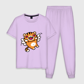 Мужская пижама хлопок с принтом влюбленный тигренок в Белгороде, 100% хлопок | брюки и футболка прямого кроя, без карманов, на брюках мягкая резинка на поясе и по низу штанин
 | 2022 | год тигра | новый год | новый год 2022 | символ года | тигр | тигренок | тигрица | тигры
