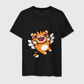 Мужская футболка хлопок с принтом влюбленный тигренок в Петрозаводске, 100% хлопок | прямой крой, круглый вырез горловины, длина до линии бедер, слегка спущенное плечо. | 2022 | год тигра | новый год | новый год 2022 | символ года | тигр | тигренок | тигрица | тигры