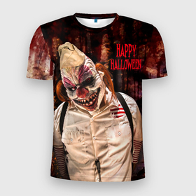 Мужская футболка 3D Slim с принтом Самый страшный клоун в Тюмени, 100% полиэстер с улучшенными характеристиками | приталенный силуэт, круглая горловина, широкие плечи, сужается к линии бедра | Тематика изображения на принте: clown | evil | fear | happy halloween | holiday | horror | look | red eyes | scary | взгляд | злой | клоун | красные глаза | праздник | страшный | ужас | хэллоуин
