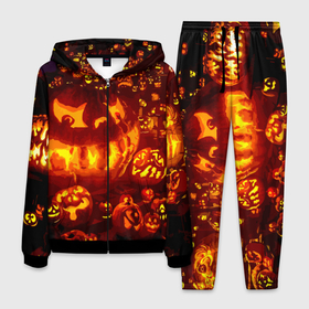 Мужской костюм 3D с принтом Тыквы на Хэллоуин , 100% полиэстер | Манжеты и пояс оформлены тканевой резинкой, двухслойный капюшон со шнурком для регулировки, карманы спереди | angry | different | fear | funny | glow | happy halloween | holiday | many | night | pumpkins | весёлые | злые | много | ночь | праздник | разные | светятся | тыквы | хэллоуин