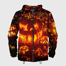 Мужская ветровка 3D с принтом Тыквы на Хэллоуин в Курске, 100% полиэстер | подол и капюшон оформлены резинкой с фиксаторами, два кармана без застежек по бокам, один потайной карман на груди | angry | different | fear | funny | glow | happy halloween | holiday | many | night | pumpkins | весёлые | злые | много | ночь | праздник | разные | светятся | тыквы | хэллоуин