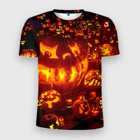 Мужская футболка 3D Slim с принтом Тыквы на Хэллоуин в Курске, 100% полиэстер с улучшенными характеристиками | приталенный силуэт, круглая горловина, широкие плечи, сужается к линии бедра | angry | different | fear | funny | glow | happy halloween | holiday | many | night | pumpkins | весёлые | злые | много | ночь | праздник | разные | светятся | тыквы | хэллоуин