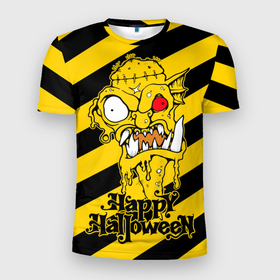 Мужская футболка 3D Slim с принтом Нечисть с красным глазом в Новосибирске, 100% полиэстер с улучшенными характеристиками | приталенный силуэт, круглая горловина, широкие плечи, сужается к линии бедра | Тематика изображения на принте: crooked fangs | danger zone | dead man | evil spirits | happy halloween | head | holiday | red eye | stripes | yellowblack | zombies | голова | желточерные | зомби | красный глаз | кривые клыки | мертвец | нечисть | опасная зона | полосы | 