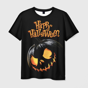 Мужская футболка 3D с принтом Взгляд черной тыква , 100% полиэфир | прямой крой, круглый вырез горловины, длина до линии бедер | black | fiery | happy halloween | holiday | look | night | pumpkin | scary smile | взгляд | ночь | огненный | праздник | страшная улыбка | тыква | хэллоуин | черная