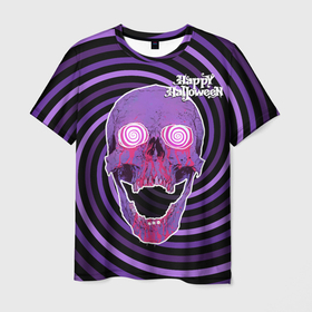 Мужская футболка 3D с принтом Магический череп в Новосибирске, 100% полиэфир | прямой крой, круглый вырез горловины, длина до линии бедер | blood | day of the dead | from the eyes | happy halloween | holiday | hypnosis | lilac | look | magical | skull | spiral | взгляд | гипноз | день мертвых | из глаз | кровь | магический | праздник | сиреневый | спираль | хэллоуин | череп