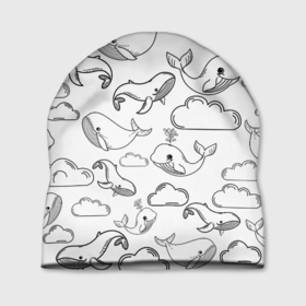 Шапка 3D с принтом Небесные киты (ЧБ) в Екатеринбурге, 100% полиэстер | универсальный размер, печать по всей поверхности изделия | Тематика изображения на принте: whale | детское | киты | летающие киты | небо | облака