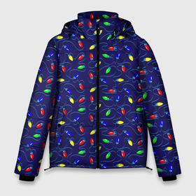 Мужская зимняя куртка 3D с принтом Разноцветные Лампочки в Белгороде, верх — 100% полиэстер; подкладка — 100% полиэстер; утеплитель — 100% полиэстер | длина ниже бедра, свободный силуэт Оверсайз. Есть воротник-стойка, отстегивающийся капюшон и ветрозащитная планка. 

Боковые карманы с листочкой на кнопках и внутренний карман на молнии. | Тематика изображения на принте: christmas | merry christmas | santa claus | гирлянда | дед мороз | ёлка | елочные шары | игрушки | лампочки | новый год | огоньки | подарки | праздник | с новым годом | сантаклаус | снегурочка | украшения