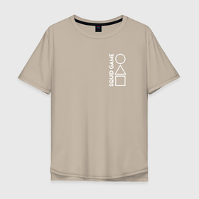 Мужская футболка хлопок Oversize с принтом Детская игра Кальмар в Петрозаводске, 100% хлопок | свободный крой, круглый ворот, “спинка” длиннее передней части | контур | надпись | сериал | треугольник | фируга