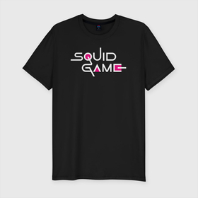 Мужская футболка хлопок Slim с принтом Squid Game Logo в Кировске, 92% хлопок, 8% лайкра | приталенный силуэт, круглый вырез ворота, длина до линии бедра, короткий рукав | logo | squid game | игра в кальмара | корейский сериал | лого | сериал | текст | фильм | южная корея