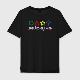 Мужская футболка хлопок Oversize с принтом Игра Сахарные соты в Тюмени, 100% хлопок | свободный крой, круглый ворот, “спинка” длиннее передней части | logo | squid game | звезда | зонтик | игра в кальмара | корейский сериал | корея | кружок | лого | сахарные соты | сериал | текст | треугольник | фильм