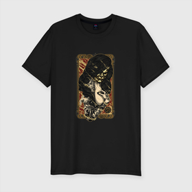 Мужская футболка хлопок Slim с принтом Golden G в Белгороде, 92% хлопок, 8% лайкра | приталенный силуэт, круглый вырез ворота, длина до линии бедра, короткий рукав | geisha | japan | samurai | золото | самурай | япония | японская маска