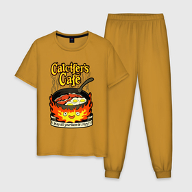 Мужская пижама хлопок с принтом Calcifer cook , 100% хлопок | брюки и футболка прямого кроя, без карманов, на брюках мягкая резинка на поясе и по низу штанин
 | Тематика изображения на принте: anime | bacon | calcifer | cook | eggs | studio ghibli | аниме | бекон | кальцифер | повар | студия дзибли | яйца