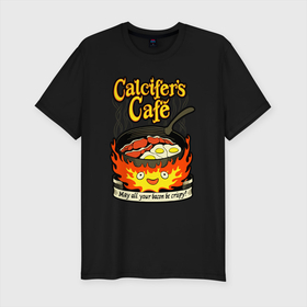 Мужская футболка хлопок Slim с принтом Calcifer cook в Курске, 92% хлопок, 8% лайкра | приталенный силуэт, круглый вырез ворота, длина до линии бедра, короткий рукав | Тематика изображения на принте: anime | bacon | calcifer | cook | eggs | studio ghibli | аниме | бекон | кальцифер | повар | студия дзибли | яйца