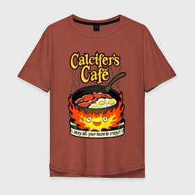 Мужская футболка хлопок Oversize с принтом Calcifer cook в Санкт-Петербурге, 100% хлопок | свободный крой, круглый ворот, “спинка” длиннее передней части | anime | bacon | calcifer | cook | eggs | studio ghibli | аниме | бекон | кальцифер | повар | студия дзибли | яйца