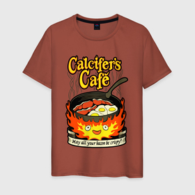 Мужская футболка хлопок с принтом Calcifer cook в Белгороде, 100% хлопок | прямой крой, круглый вырез горловины, длина до линии бедер, слегка спущенное плечо. | Тематика изображения на принте: anime | bacon | calcifer | cook | eggs | studio ghibli | аниме | бекон | кальцифер | повар | студия дзибли | яйца
