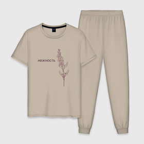 Мужская пижама хлопок с принтом Нежность мальва , 100% хлопок | брюки и футболка прямого кроя, без карманов, на брюках мягкая резинка на поясе и по низу штанин
 | Тематика изображения на принте: minimalism | лайн | линии | мальва | нежность | цветок | эстетичные надписи