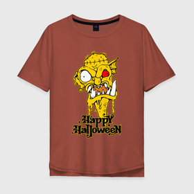 Мужская футболка хлопок Oversize с принтом Зомби с красным глазом в Курске, 100% хлопок | свободный крой, круглый ворот, “спинка” длиннее передней части | Тематика изображения на принте: crooked fangs | danger zone | dead man | evil spirits | happy halloween | head | holiday | red eye | stripes | yellowblack | zombies | голова | желточерные | зомби | красный глаз | кривые клыки | мертвец | нечисть | опасная зона | полосы | 