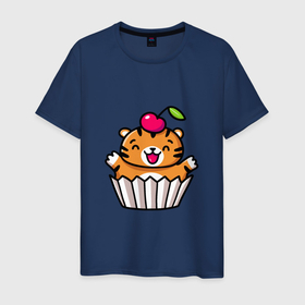 Мужская футболка хлопок с принтом Тигренок   пирожное в Петрозаводске, 100% хлопок | прямой крой, круглый вырез горловины, длина до линии бедер, слегка спущенное плечо. | 2022 | год тигра | новый год | новый год 2022 | символ года | тигр | тигренок | тигрица | тигры