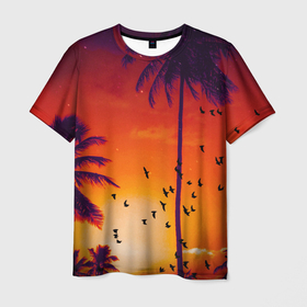 Мужская футболка 3D с принтом РАЙСКОЕ НАСЛАЖДЕНИЕ в Санкт-Петербурге, 100% полиэфир | прямой крой, круглый вырез горловины, длина до линии бедер | Тематика изображения на принте: закат | лето | лучи | небо | отдых | пальмы | пляж | птицы | солнце