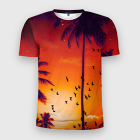 Мужская футболка 3D Slim с принтом РАЙСКОЕ НАСЛАЖДЕНИЕ в Тюмени, 100% полиэстер с улучшенными характеристиками | приталенный силуэт, круглая горловина, широкие плечи, сужается к линии бедра | Тематика изображения на принте: закат | лето | лучи | небо | отдых | пальмы | пляж | птицы | солнце