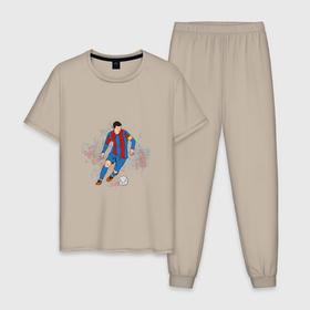 Мужская пижама хлопок с принтом Известный футболист в Санкт-Петербурге, 100% хлопок | брюки и футболка прямого кроя, без карманов, на брюках мягкая резинка на поясе и по низу штанин
 | арт | иллюстрация | месси | сборная | футбол