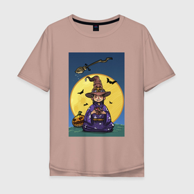 Мужская футболка хлопок Oversize с принтом Маленькая волщебница в Белгороде, 100% хлопок | свободный крой, круглый ворот, “спинка” длиннее передней части | волшебница | девочка | иллюстрация | шляпа