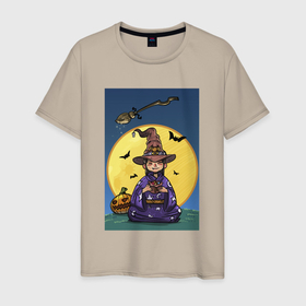 Мужская футболка хлопок с принтом Маленькая волщебница в Петрозаводске, 100% хлопок | прямой крой, круглый вырез горловины, длина до линии бедер, слегка спущенное плечо. | волшебница | девочка | иллюстрация | шляпа