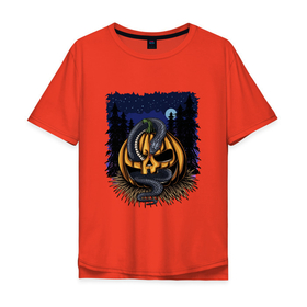 Мужская футболка хлопок Oversize с принтом Тыквенсон и змея в Новосибирске, 100% хлопок | свободный крой, круглый ворот, “спинка” длиннее передней части | Тематика изображения на принте: змея | иллюстрация | луна | ночь | тыква