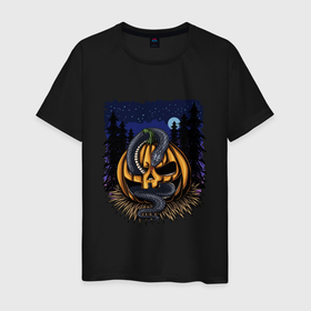Мужская футболка хлопок с принтом Тыквенсон и змея в Курске, 100% хлопок | прямой крой, круглый вырез горловины, длина до линии бедер, слегка спущенное плечо. | змея | иллюстрация | луна | ночь | тыква