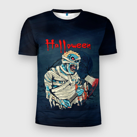 Мужская футболка 3D Slim с принтом Хэллоуин + в Петрозаводске, 100% полиэстер с улучшенными характеристиками | приталенный силуэт, круглая горловина, широкие плечи, сужается к линии бедра | арт | графика | зомби | кровь | ночь | праздник | ужасы | хэллоуин
