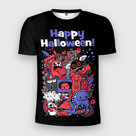 Мужская футболка 3D Slim с принтом Монстры на Хеллоуин в Курске, 100% полиэстер с улучшенными характеристиками | приталенный силуэт, круглая горловина, широкие плечи, сужается к линии бедра | funny | happy halloween | having fun | holiday | monsters | playing pranks | scary | веселятся | монстры | праздник | смешные | страшные | хэллоуин | чудовища | шалят