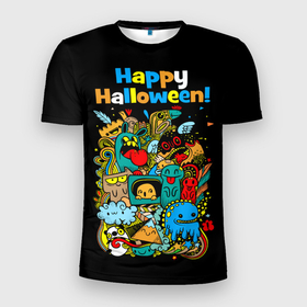 Мужская футболка 3D Slim с принтом Монстры празднуют Хеллоуин в Тюмени, 100% полиэстер с улучшенными характеристиками | приталенный силуэт, круглая горловина, широкие плечи, сужается к линии бедра | funny | happy halloween | having fun | holiday | monsters | playing pranks | scary | веселятся | монстры | праздник | смешные | страшные | хэллоуин | чудовища | шалят