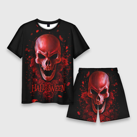 Мужской костюм с шортами 3D с принтом Красный череп в кровавых розах в Курске,  |  | bloody | drops | fangs | happy halloween | look from hell | red | roses | skull | vampire | вампир | взгляд из ада | капли | клыки | красный | кровавые | праздник | розы | хэллоуин | череп