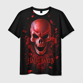 Мужская футболка 3D с принтом Красный череп в кровавых розах в Новосибирске, 100% полиэфир | прямой крой, круглый вырез горловины, длина до линии бедер | bloody | drops | fangs | happy halloween | look from hell | red | roses | skull | vampire | вампир | взгляд из ада | капли | клыки | красный | кровавые | праздник | розы | хэллоуин | череп